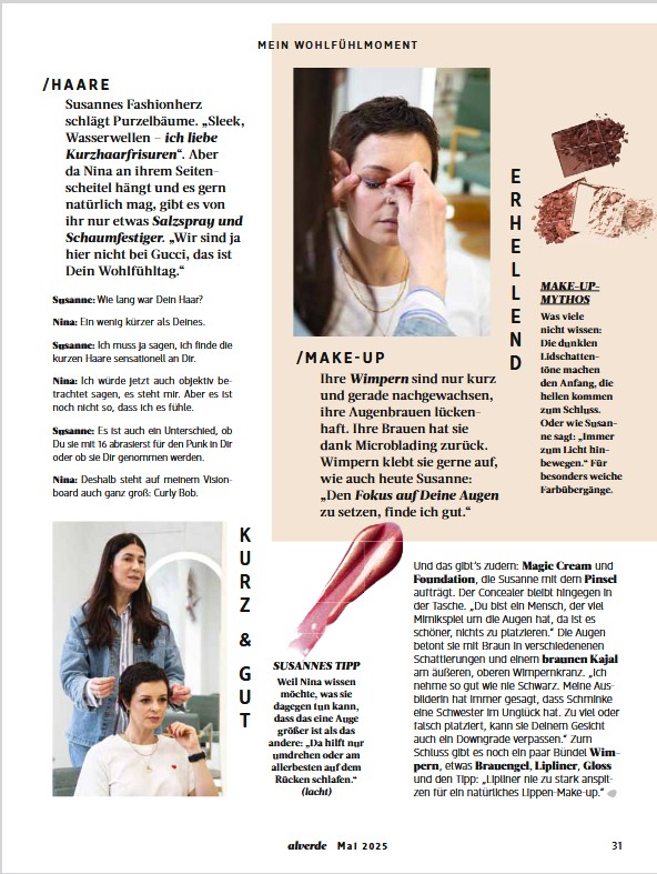 Eine Magazinseite mit Fotos und Text. Zu sehen ist eine junge Frau, die geschminkt wird und Pflegeprodukte.